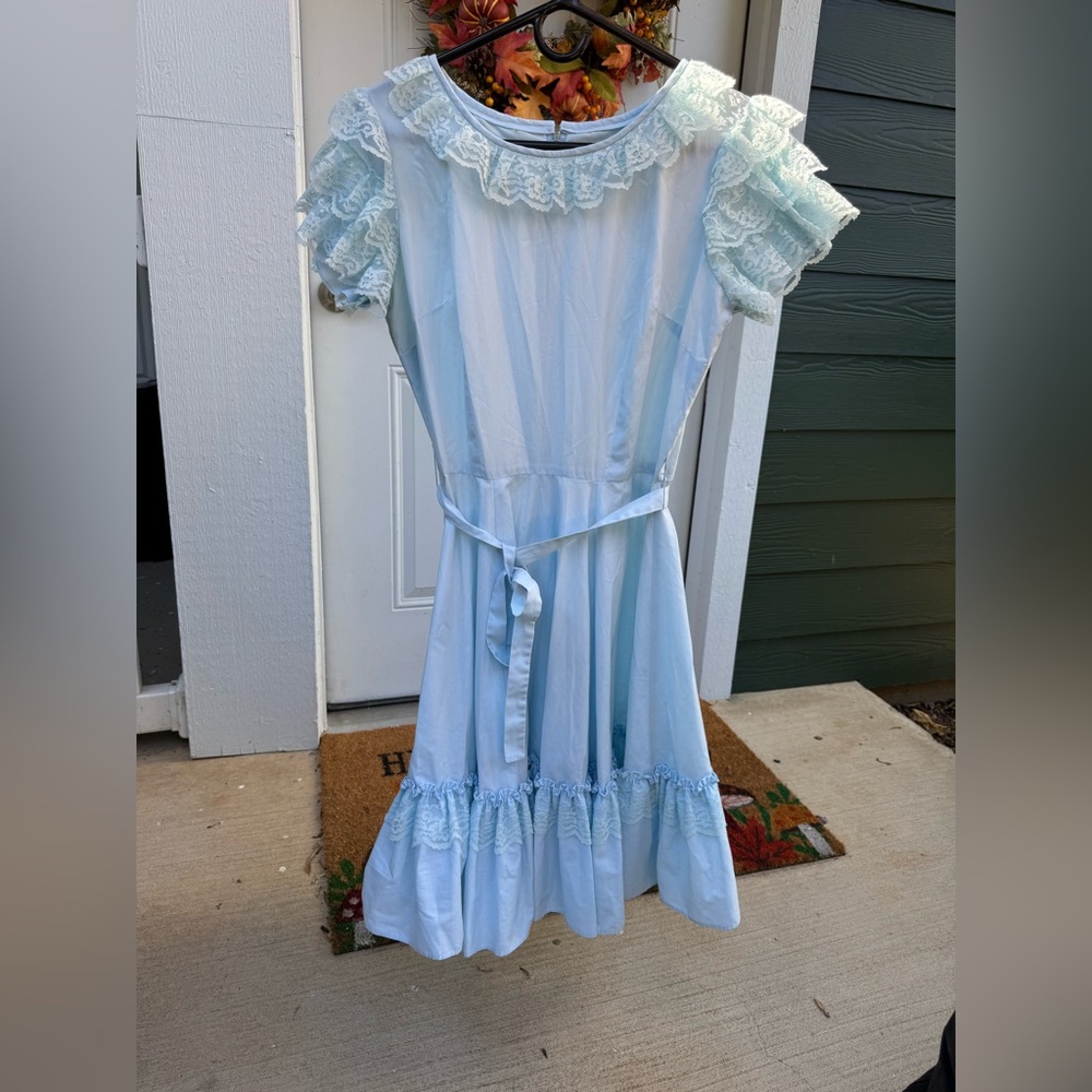 😍 Beautiful Vintage Malco Modes Partners Please Light Blue Dress with Lace👗